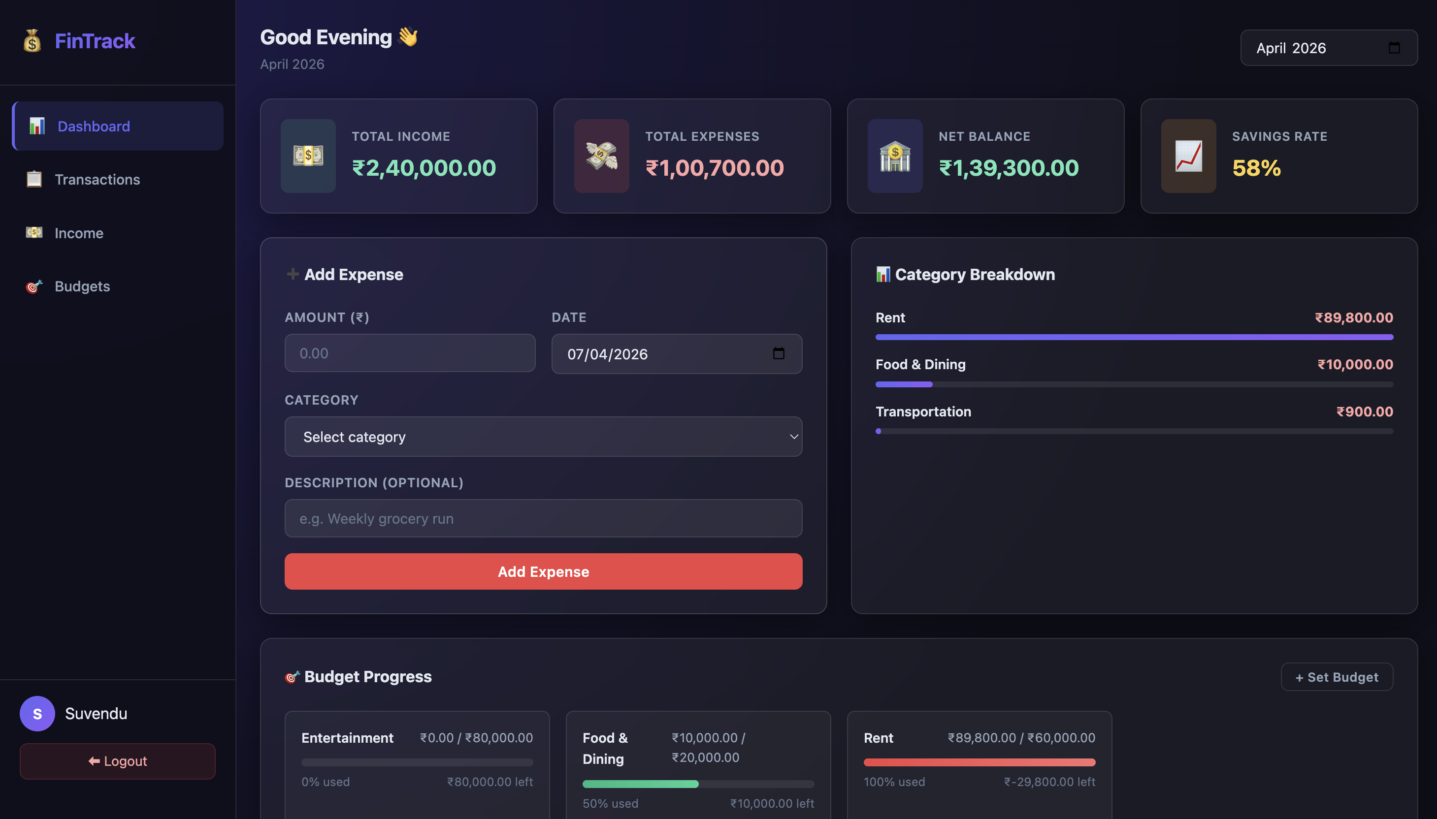 FinTrack - Personal finance tracking web application